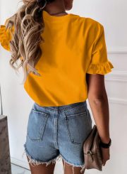 Womens Plain Round Neck Cute Ruffle Short Sleeve Top - Image 2