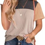 Women's Color Block Fashion Short Sleeve Crewneck Knitted Spring Summer Casual Loose T Shirts Tops