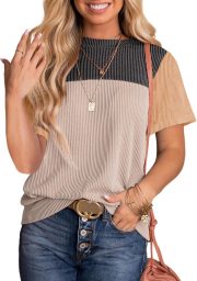 Women's Color Block Fashion Short Sleeve Crewneck Knitted Spring Summer Casual Loose T Shirts Tops