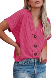 Womens Summer Tops 2026 Waffle Knit Button Down Shirts Casual V Neck Short Sleeve  Jacket Dressy Blouses - Image 2
