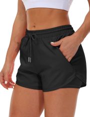 Women's Running Shorts with Liner 3 Zipper Pockets Elastic Workout Athletic Gym Yoga Shorts - Image 2