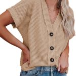 Womens Summer Tops 2026 Waffle Knit Button Down Shirts Casual V Neck Short Sleeve  Jacket Dressy Blouses