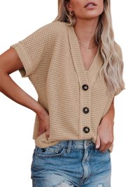 Womens Summer Tops 2026 Waffle Knit Button Down Shirts Casual V Neck Short Sleeve  Jacket Dressy Blouses
