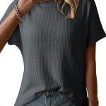 Women's Casual Boat Neck Short Sleeve Waffle Knit Shirts Loose Summer Tunic Tops Blouses