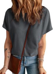 Women's Casual Boat Neck Short Sleeve Waffle Knit Shirts Loose Summer Tunic Tops Blouses - Image 2