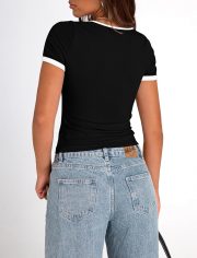 Womens Summer Casual Short Sleeve Ribbed Knit Square Neck Color Block Slim Fit Basic Crop Tops - Image 2