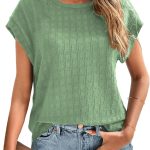 Tops for Women Trendy Summer Casual Cap Short Sleeve Basic Textured Solid Color Round Neck T Shirts Blouse