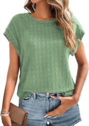 Tops for Women Trendy Summer Casual Cap Short Sleeve Basic Textured Solid Color Round Neck T Shirts Blouse