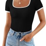 Womens Summer Casual Short Sleeve Ribbed Knit Square Neck Color Block Slim Fit Basic Crop Tops