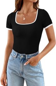 Womens Summer Casual Short Sleeve Ribbed Knit Square Neck Color Block Slim Fit Basic Crop Tops